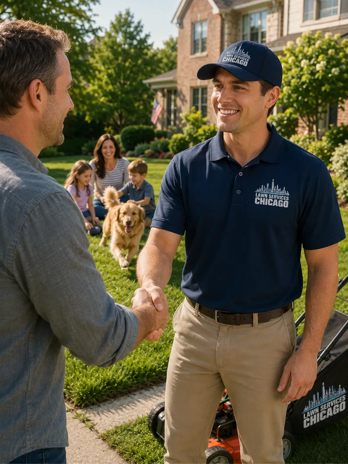 Quality Care Lawn Services Chicago with Happy Family Enjoying their Yard